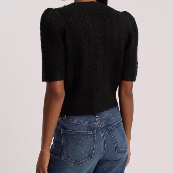 NEW Express Women Pitch Black Embellished Cable Knit Short Sleeve Crop Cardigan - Picture 4 of 5